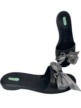 Okabashi Madison Slide Sandals 8-9 Black Striped Bow Coquette Slip On Beach